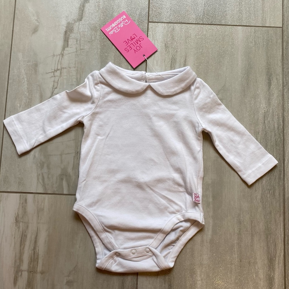 NWT RuffleButts White Long Sleeve Bodysuit with Peter Pan Collar, girls 3-6M